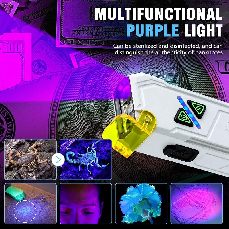 EDC Flat Rechargeable Flashlight with UV & RGB, Dual Switch, Magnetic Clip – White (Variation: RGB White+1+Compact)