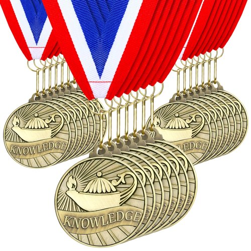 Aurelema 30pcs 2'' Gold Medals for Awards Winner Medals Bulk with Neck Ribbons Metal Trophy Award Prize Gift for Students Adults School Tournaments Competitions(Knowledge Lamp)