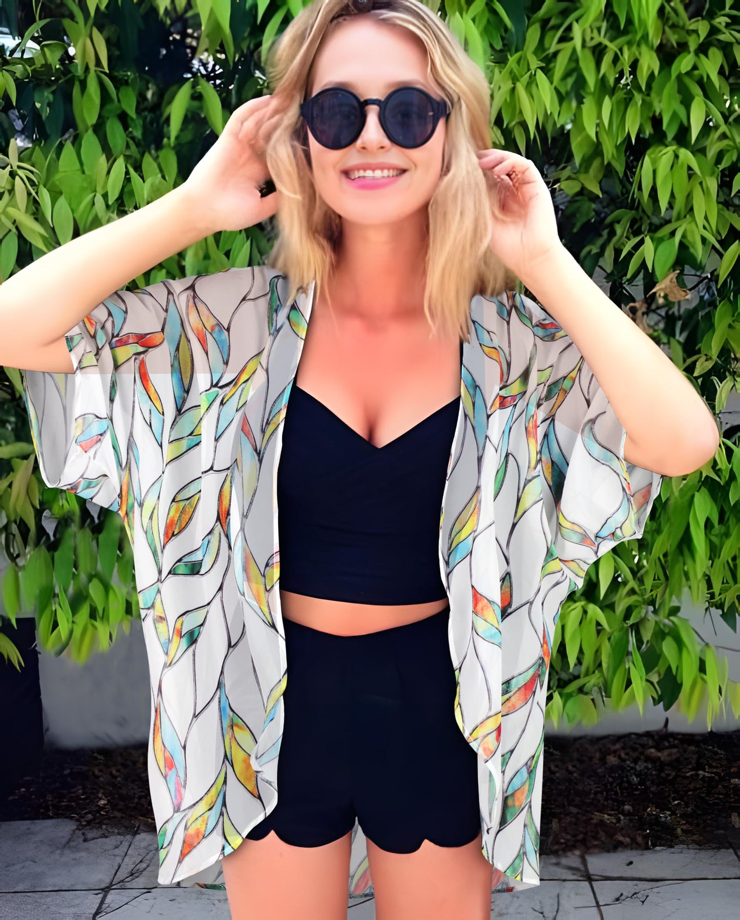 Womens Short Cardigans Casual Cover Up Open Front Kimono Tops Bathings Suit Shawl (White Colorful Leaves,XL)