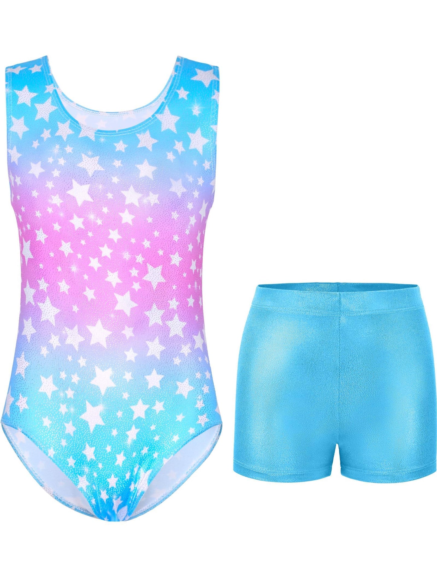 Kirinkylin Girls Leotards for Gymnastics Size 8-9 Years Purple Blue Stars Shiny Dance Wear with Shorts for Little Ones