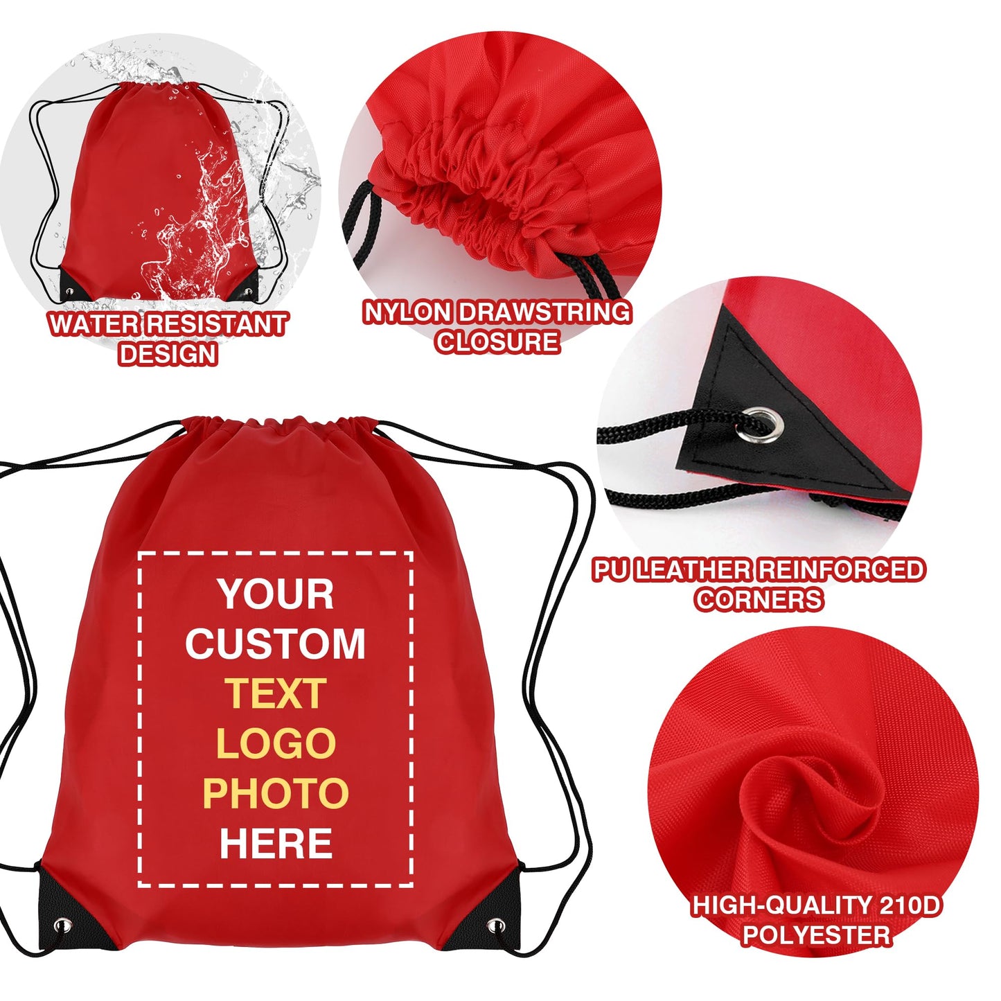 AT1nTen Custom Drawstring Bags 100/200 Pcs Personalized Bulk with Logo Text, Customizable Drawstring Backpack Draw String Back Bag for Gift Gym, Sports, Travel, Events Activities, Promotional Items