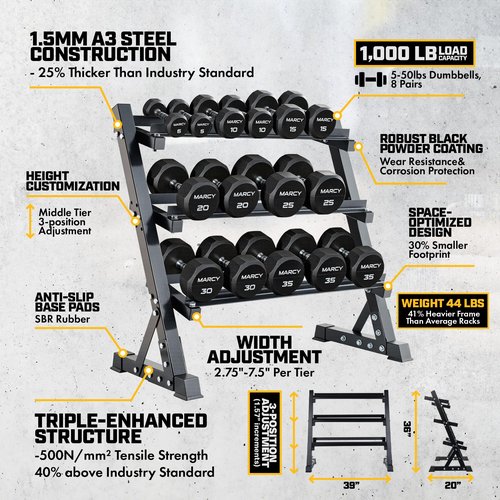3 Tier Dumbbell Rack Stand Only(1100lbs), Adjustable Weight Rack Made with Heavy-Duty Hardened Steel, Space-Saving Design, Weight Storage Holder for Home Gym Dumbbells