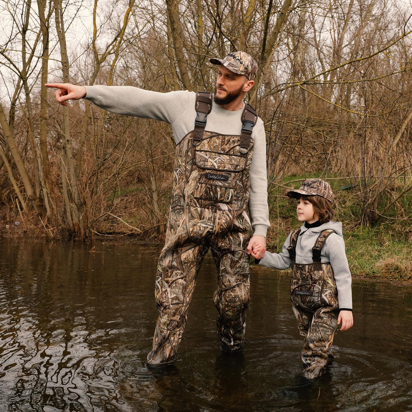 DaddyGoFish Neoprene Chest Waders for Kids and Adults, BootFoot, Fishing & Hunting with a Camouflage Caps, and a Wader Hanger