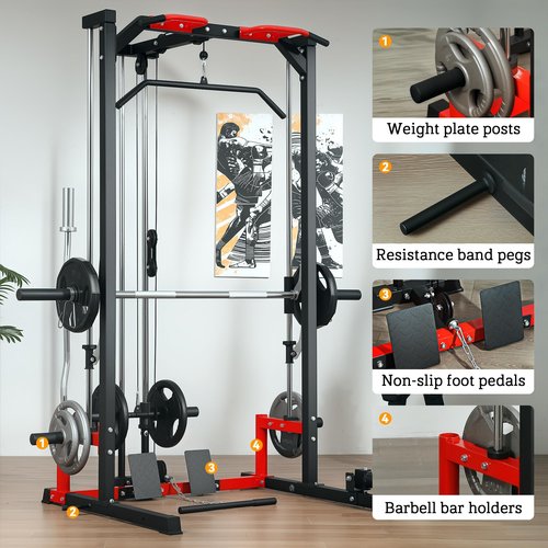 Soozier Power Cage Smith Machine, Multi-Function Power Rack with Pull Up Bar, LAT Pull Down System, Squat Rack, Barbell Bar, Landmine, Plate Storage Posts, for Home Gym
