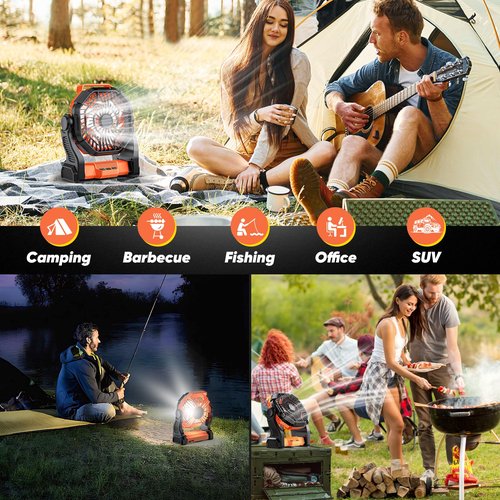MATULSA Portable Rechargeable Camping Fan, 10-Inch Battery Operated Fan, Quiet Table Fan with LED Lights, 4 Fan Speeds and 125°Rotation, Rechargeable Beach fan for Travel, Fishing, Picnic, Orange