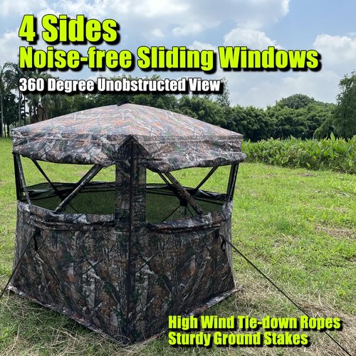 LUCKUNTER 360 Degree See Through Hunting Blind 2-3 Person Ground Camouflage Pop Up Hunting Blind for Turkey Deer Hunting (58X58X67)