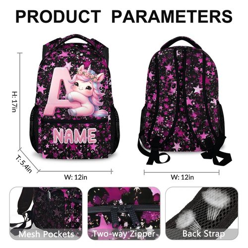 Kids Backpack, Custom Cute Unicorn Bookbag for Girls 6-8, Initial Gift for Birthday, 17 Inch Leisure Monogram Backpack for School Preschool Elementary Kindergarten