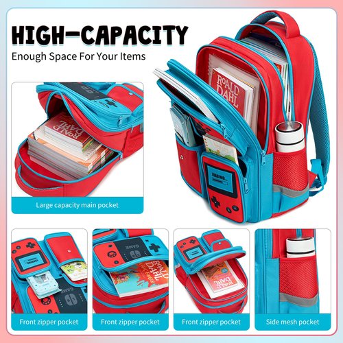dwgweg Backpack for Boys 3-in-1 Backpack with Lunch Box Set Gaming Bookbag stylish kids travel backpack for boys 6-18 Kids Junior High School Primary School Back pack (Red-blue-set)