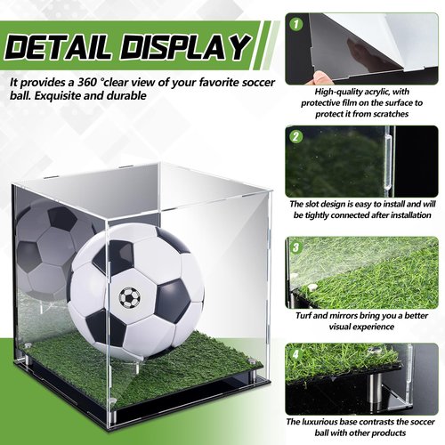 Geelin Soccer Ball Display Case 12" x 11" x 10.5" Acrylic Clear Display Case Box with Mirror Back and Turf Grass, Storage Cube for Soccer Ball Collectibles Sports Memorabilia Collector Gift