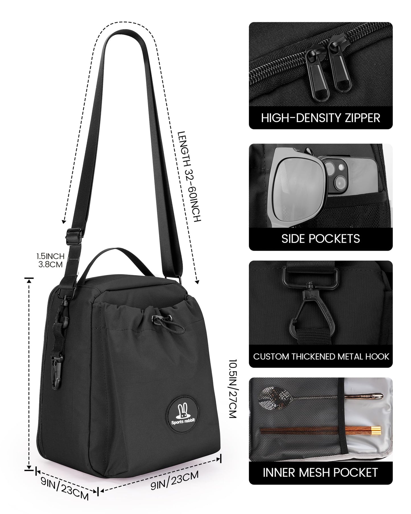 Sports Rabbit Insulated Lunch Bag for Men & Women – Lunch Bag with Water Bottle Holder, Compatible with Owala & 40/30oz Stanley Cups, Adjustable Crossbody Strap – Ideal for Work Travel Picnics (Black)