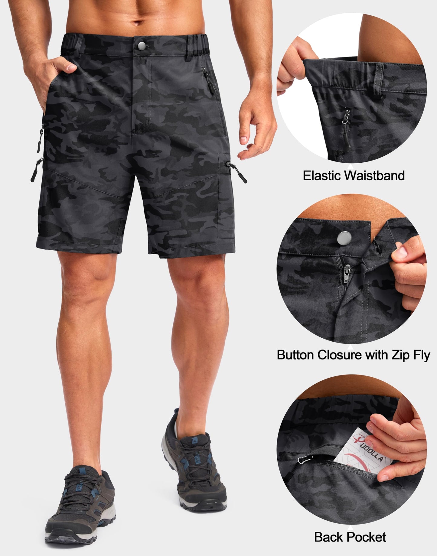 Pudolla Men's Hiking Cargo Shorts Lightweight 7" Travel Casual Shorts for Men Golf Work Outdoor with 5 Zipper Pockets(Black Camo X-Large)