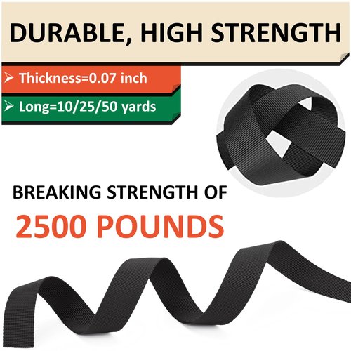 DEYACE 2 Inch Nylon Webbing Strap with Plastic Tri-Glide Slide Clips, 10 25 50 Yards Heavy Duty Nylon Strapping for Indoor or Outdoor Gear, DIY Crafting, Repairing (Black, 2" x 10 Yards)
