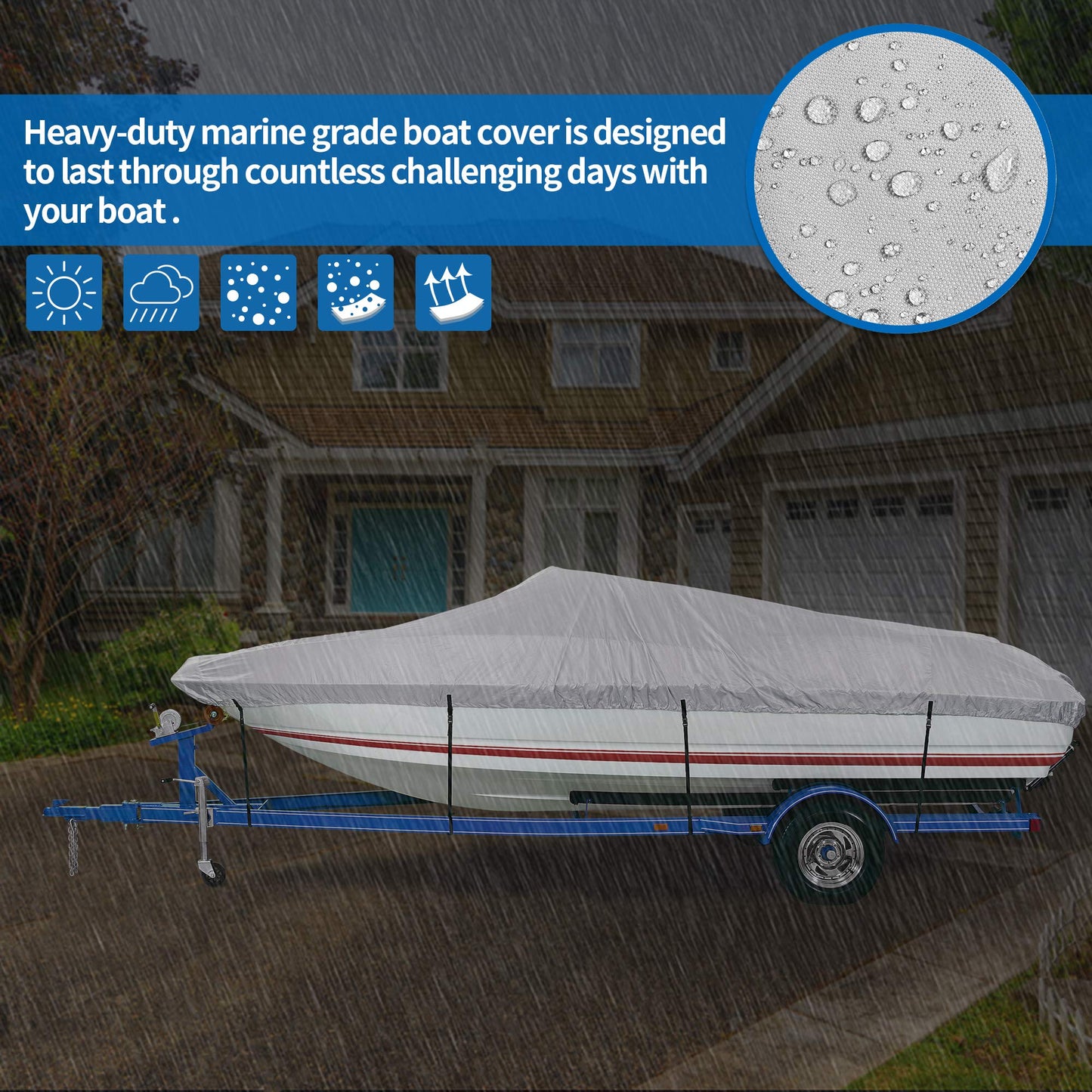 iCOVER Trailerable Boat Cover- 17'-19' Heavy Duty Waterproof Tarp Covers with Storage Bag, Fits V-Hull, Fish&Ski, Pro-Style, Fishing, Runabout, Bass Boats, up to 17ft-19ft Long X 96" Wide