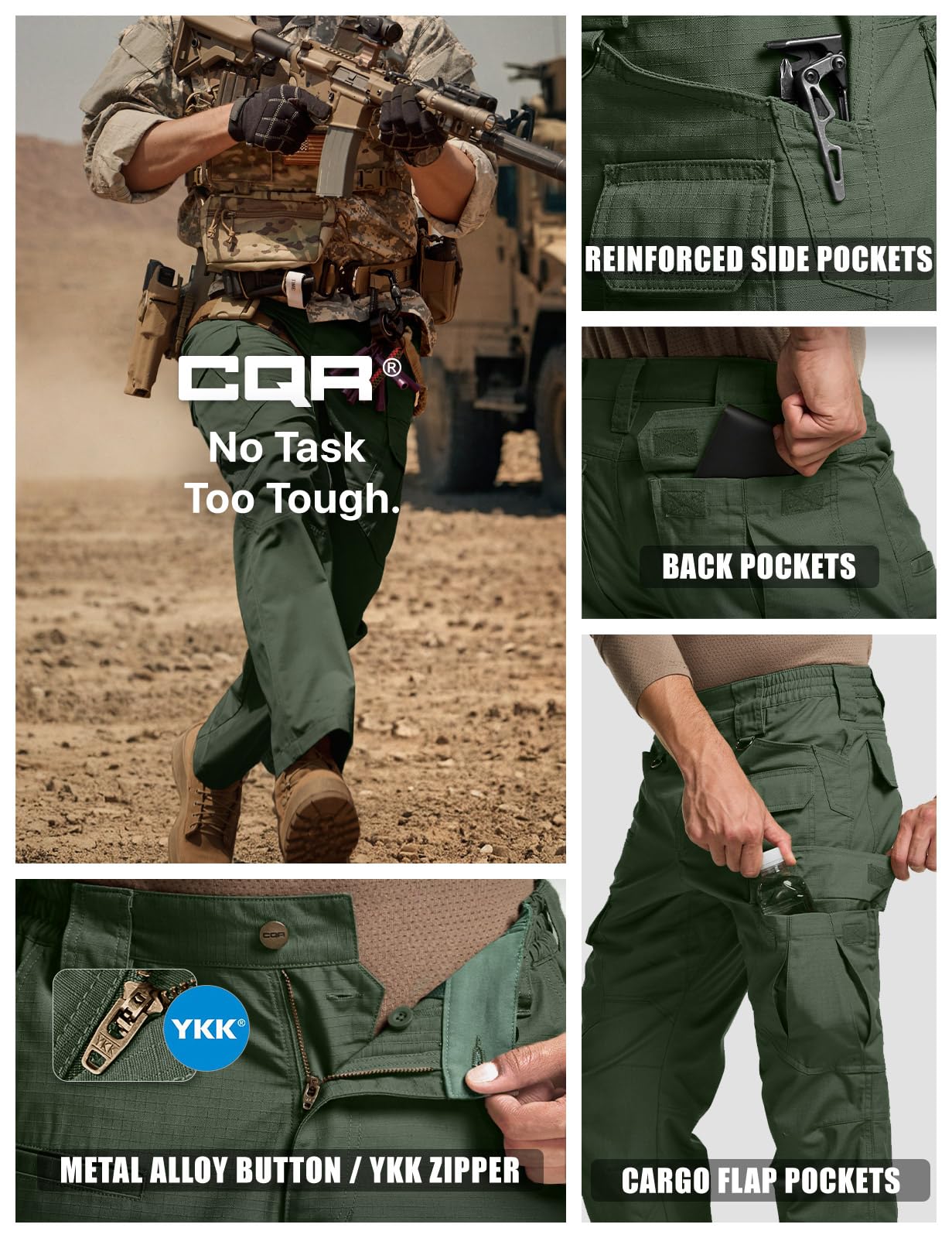 CQR Men's Tactical Pants, Water Resistant Ripstop Cargo Pants, Lightweight EDC Work Hiking Pants, Outdoor Apparel, Raider Mag Green Kelp, 40W x 30L