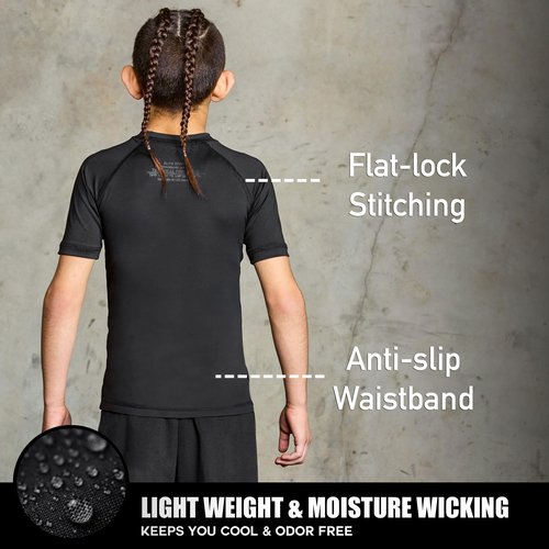Elite Sports Kids Jiu Jitsu BJJ Rash Guard, Short Half Sleeve Compression Shirt for Youth Boys Girls Sports Nogi Training Black