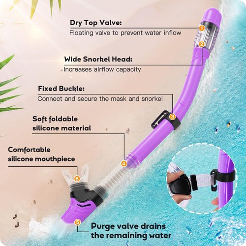 Seovediary Kids Snorkel Set, Anti-Fog Panoramic Tempered Glass Kids Snorkel mask, Anti-Leak Scuba Diving Mask with Mesh Bag, Dry Top Snorkeling Gear for Kids and Youth Age 4-16