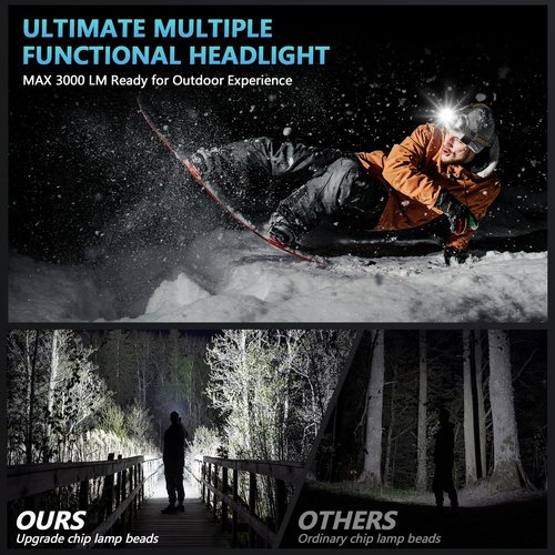 LED Headlamp Rechargeable，3000 High Lumens Head Lamp with 12 Modes & 90H Long Battery Life & Motion Sensor & IPX7 Waterproof,90° Adjustable Headlight for Outdoor Camping,Cycling,Hiking