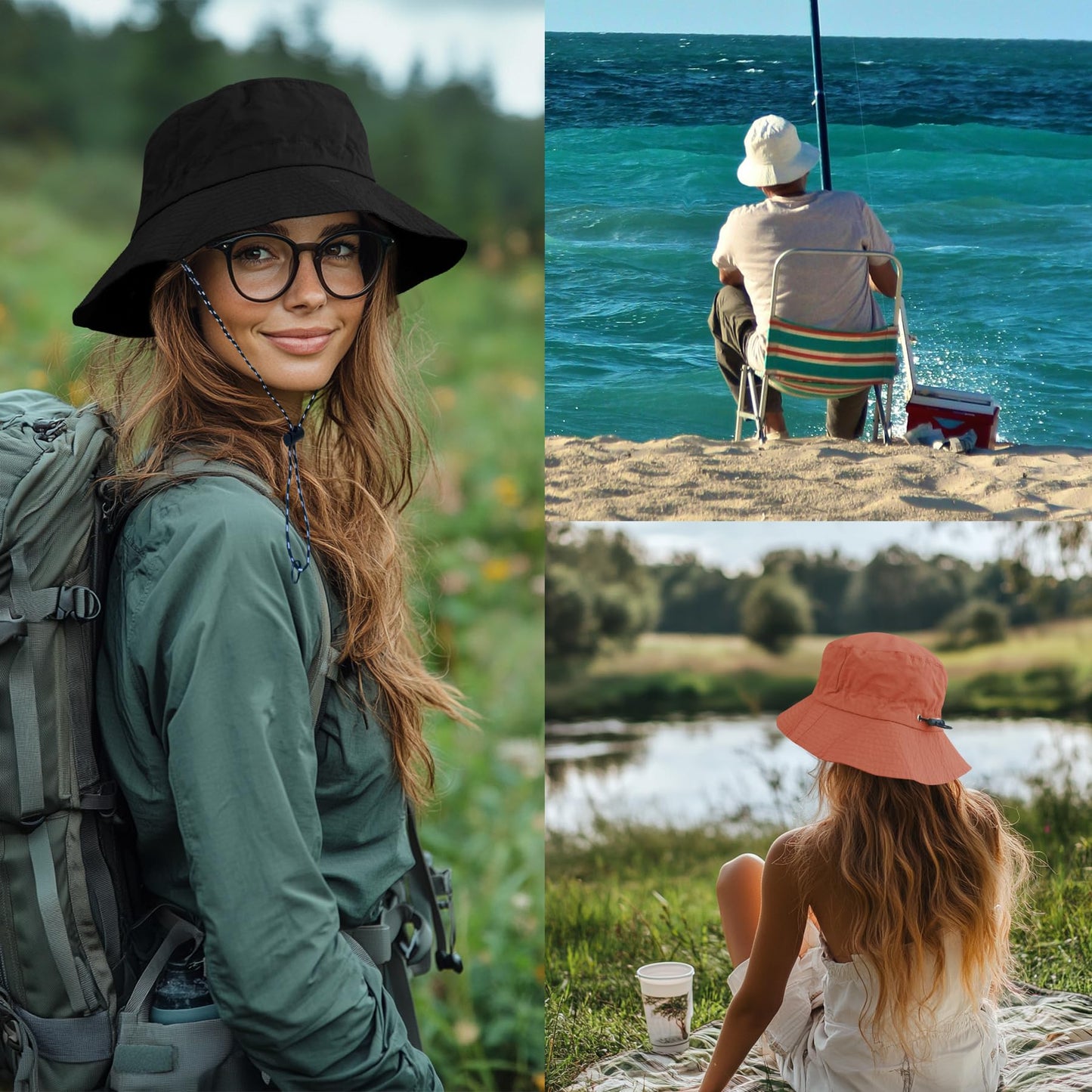 PFFY Packable Sun Bucket Hat for Women Outdoor UV Protection Sun Hats Waterproof Lightweight Hiking Outdoor Cap Russet (More Brick Red)