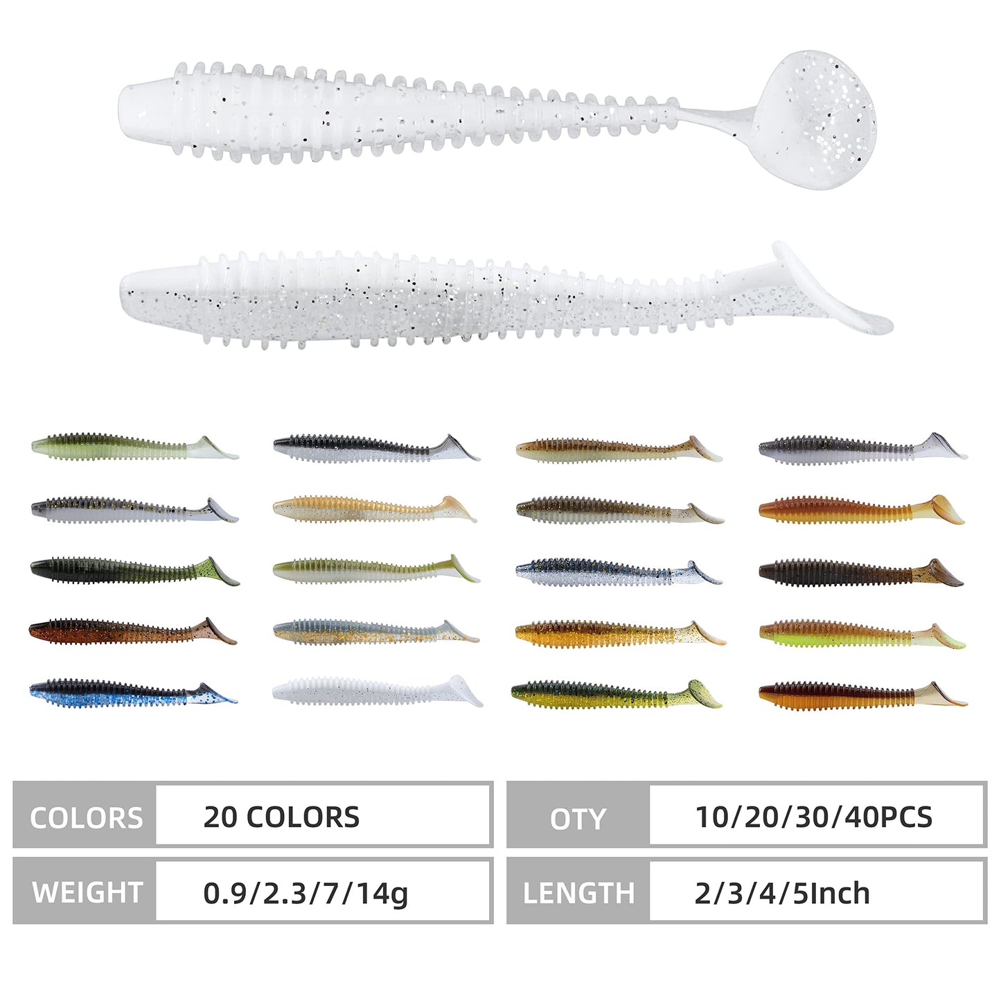 RUNCL Swimbaits Paddle 10/20/30/40PCS, 5/4/3/2 Inchs Paddle Tail, Soft Lure for Trout Crappie Bass, Durable Plastic Bait Swimmer for Saltwater/Freshwater, Fishing Lover's Gift