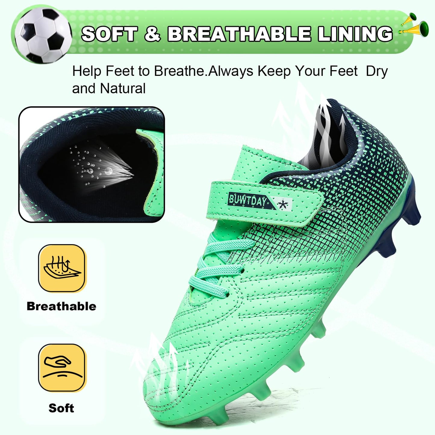 BUWTDAY Kids Soccer Cleats Boys Girls Athletic Outdoor Firm Ground Youth Football Shoes(Little Kid/Big Kid) Green