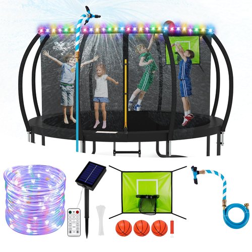 Trampoline Accessories Kit Kids, Trampolin Sprinkler/Basketball Hoop/50FT Solar Lights, Fits 8 10 12 14 15 16FT Trampoline Outdoor with 3 Mini Basketballs, Non-Damaging to Net, Features 8 Light Modes