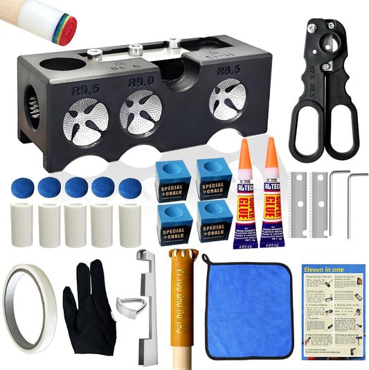 11-in-1 Pool Cue Tip Repair kit, Professional All-in-One pool stick Tip Tool for Shaping, Replacement, Maintenance. Tips Shaper & Scuffer kit, Pool Cue trimmer - For Billiards Enthusiasts & Pros