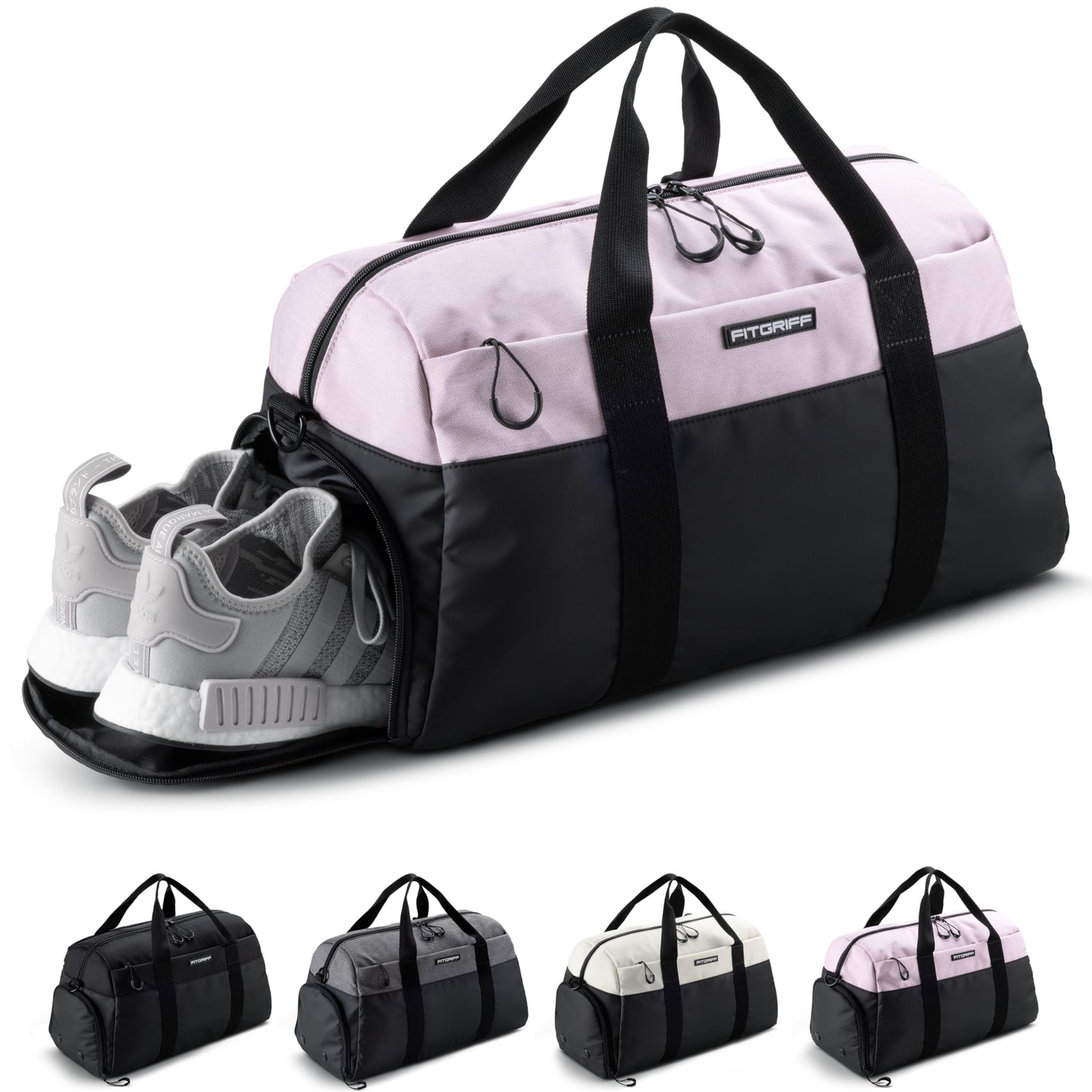 Fitgriff® Gym Bag V2 for Men and Women with Shoe & Wet Compartment - Duffle Bag for Travel, Sports, Fitness and Workout (Black/Pink, 22 x 12 x 13″ (Medium))