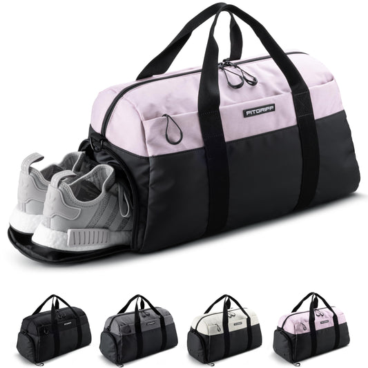 Fitgriff® Gym Bag V2 for Men and Women with Shoe & Wet Compartment - Duffle Bag for Travel, Sports, Fitness and Workout (Black/Pink, 22 x 12 x 13″ (Medium))