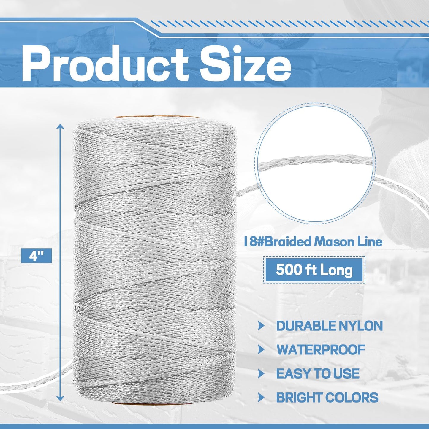Woanger 8 Rolls Mason Line #18 Braided Nylon String Total 4000 Feet Length Masonry Nylon Twine for Gardening Construction Crafting DIY Project Workshop(White)