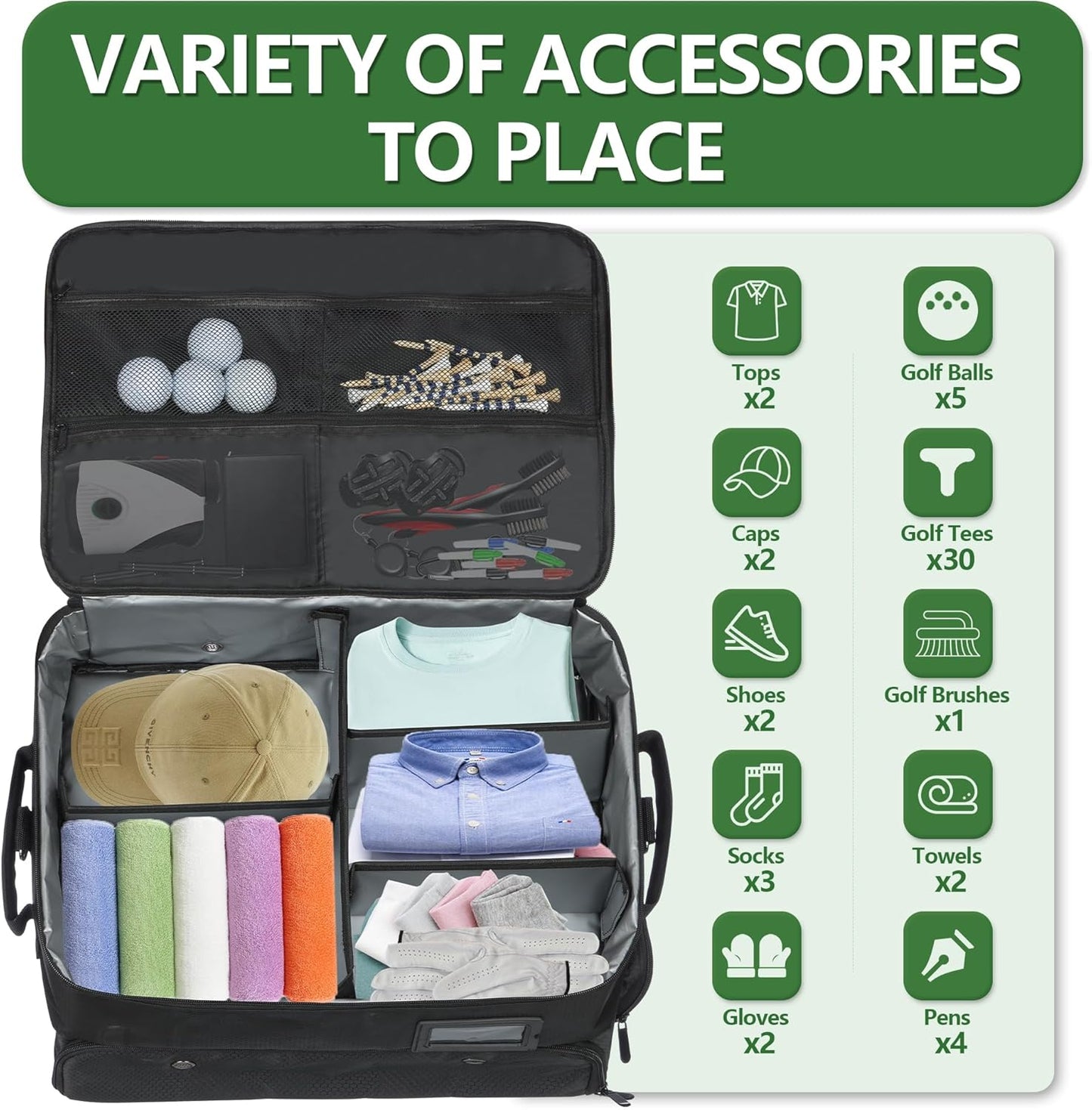 3 Layer Golf Trunk Organizer for 2 Pair Size 13 Shoes, Large Capacity, Gifts for Men with Waterproof Separate Ventilated Storage for Accessories, Balls, Tees, Clothes, Gloves (Black)