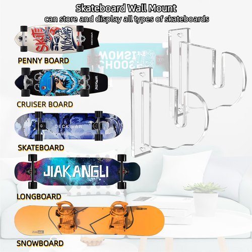 BiJun Skateboard Wall Mount, Snowboard Wall Mount Display, Acrylic Horizontal Skateboards Rack, Skateboard Storage Hanger (Transparent)