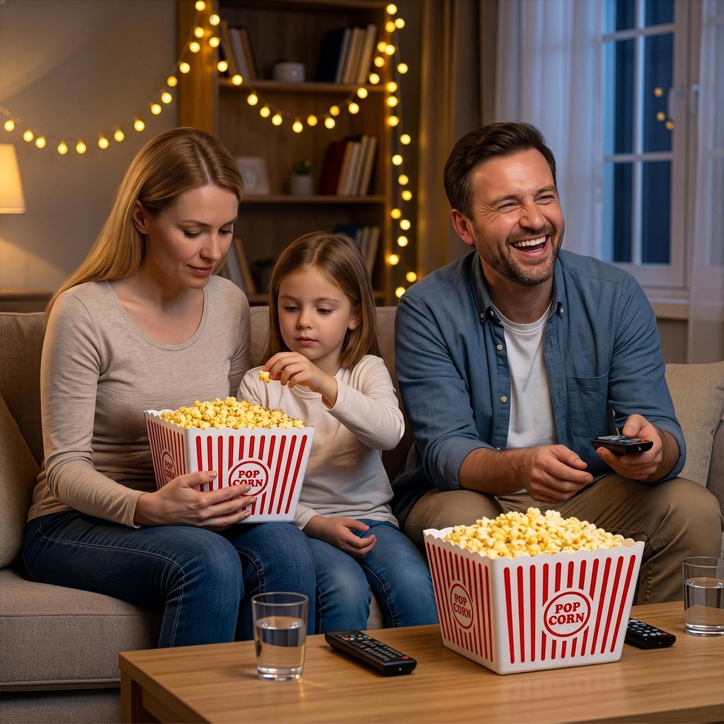 Bekith 6 Pack Plastic Popcorn Buckets Reusable, Large Popcorn Containers for Movie Night, 9" Square x 6" Tall