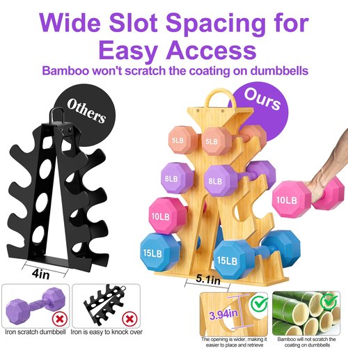MinBoo Bamboo Weight Rack for Dumbbells, Compact A-Frame Dumbbell Rack Stand Only, Dumbbell Rack with Handle, for Home Gym Workout