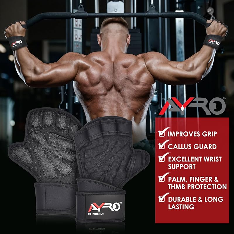 AYRO Workout Gloves for Men & Women - Weight Lifting Gloves with 15" Wrist Wraps, Non-Slip Palm, Breathable Mesh (Black, Small)