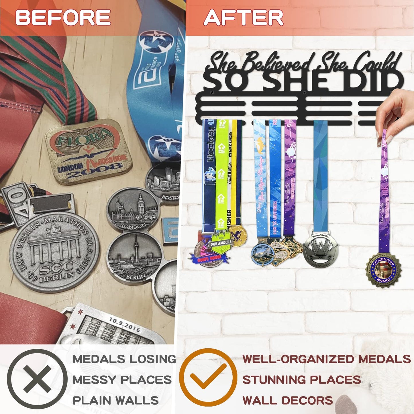 Medal Holder Display Hanger Rack Storage Steel Wall Mounted Fame Black Metal Sports Marathon Running Soccer Gymnastics Large-capacity Over 60 Medals Sturdy Wall Decor Motivational Slogan Race Medals