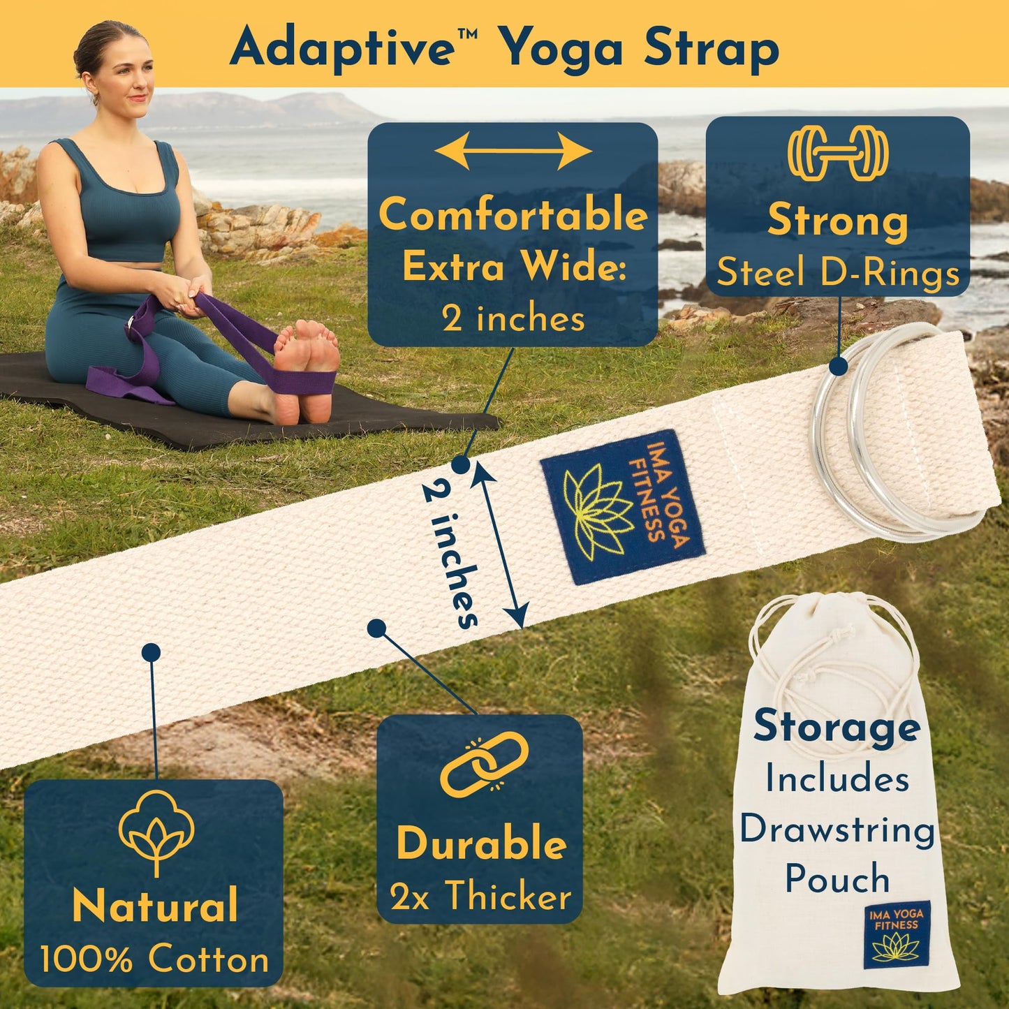 Ima Yoga Fitness - Adaptive Yoga Strap, Yoga Stretching Strap, Extra-Wide 2 Inches, 100% Naturally Soft Cotton, Steel D-Rings, Includes 100% Natural Cotton Storage Pouch (Natural, 8 feet)