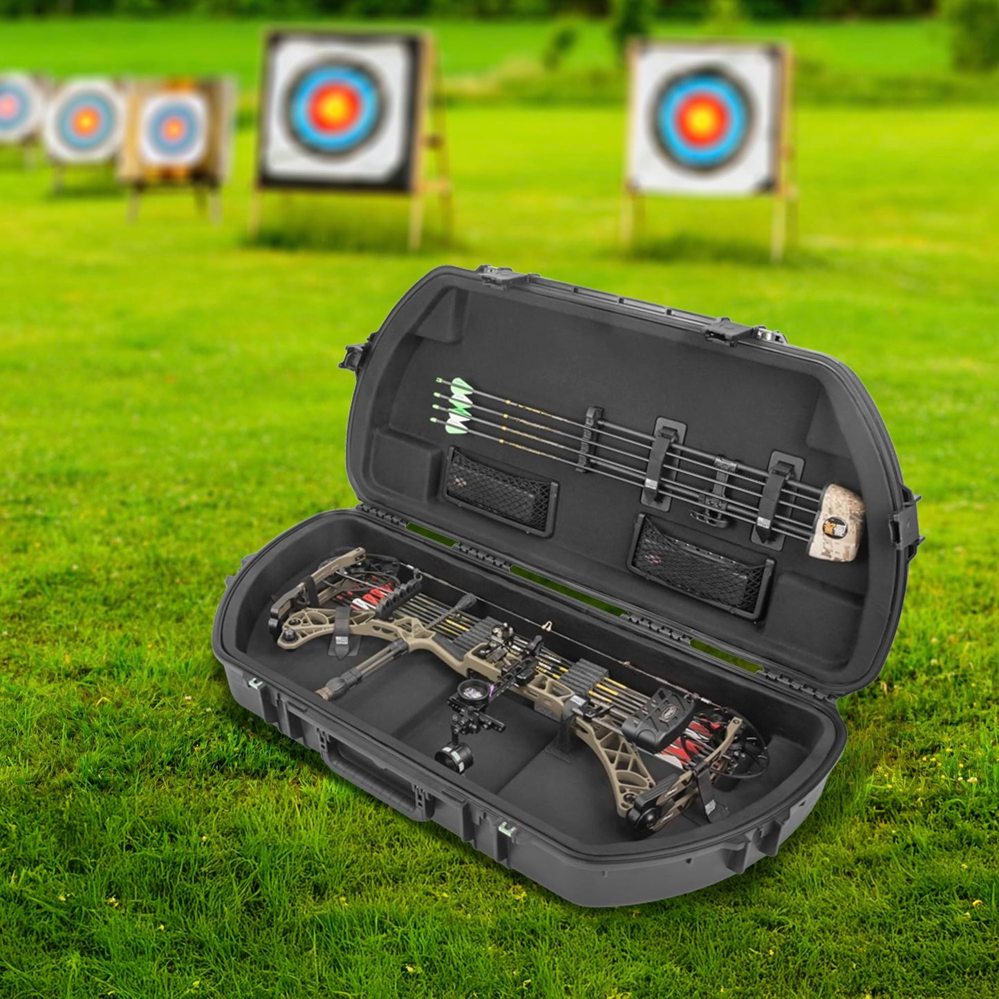 SKB iSeries Curved Hard Shell Case for Archery Bows w/ Quiver & Accessory Pockets - Waterproof & Dust-Tight Design, Heavy-Duty Bow and Arrow Gear Equipment Storage with Trigger Latches