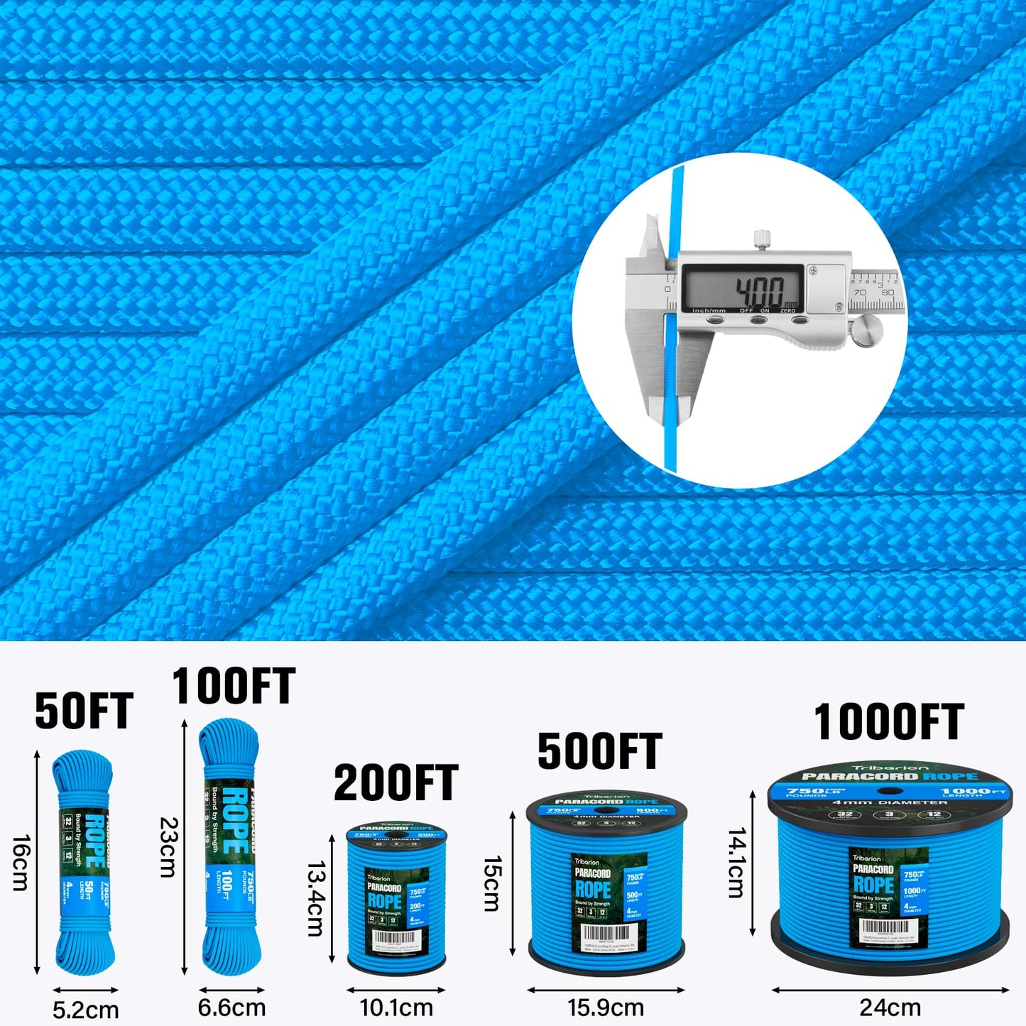 TRIBERION Paracord Rope 750 lb - 200ft 5/32" Parachute Cord 4MM 12-Strand para Cord - Heavy Duty Spool String for Survival,Camping Gear, Survival Bracelet, Clothesline - Blue