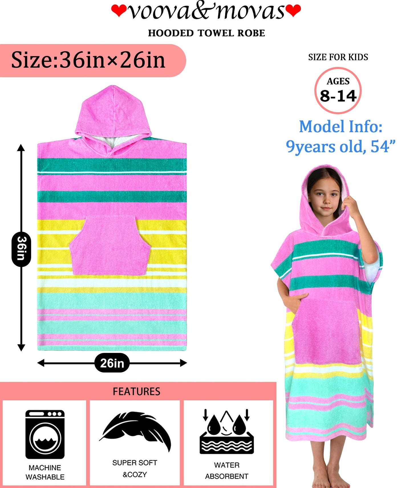 Hooded Towel Robe for Girl Teens (8-14 Years,36"X26") | Premium 100% Cotton Oversized Poncho Towel for Big Kids | Super Absorbent Hooded Towel Dress for Pool, Beach, Bath & Swim | Striped Design