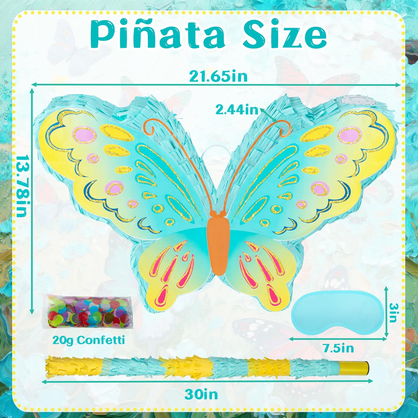 PCFING 21.6 Inch Butterfly Piñata with 30 Inch Piñata Stick Blindfold Confetti for Boy Girl Birthday Party Game Decorations, Anniversary Celebration, Fiesta