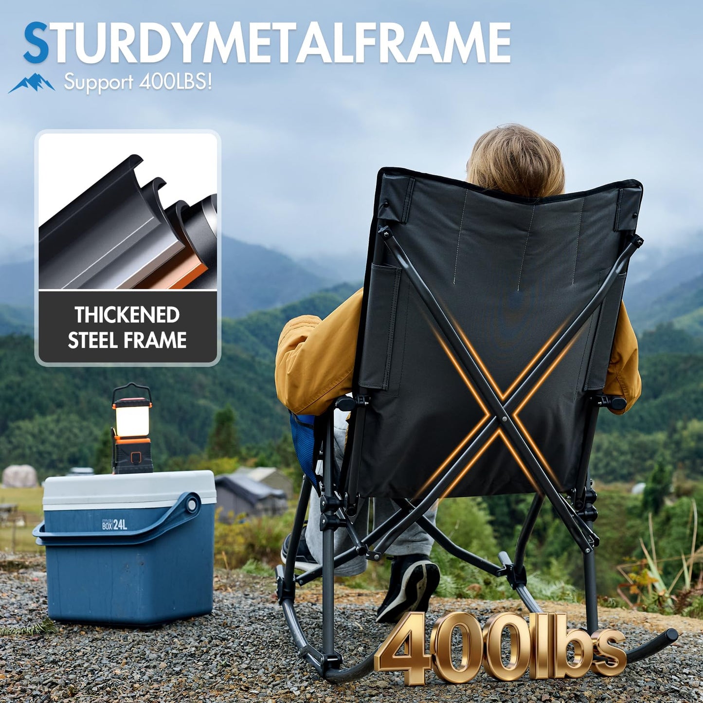 Portal Oversized Folding Rocking Camping Chair Portable Outdoor Rocker with High Back Hard Armrests Carry Bag, Supports 400 lbs, Padded Back, Grey&Blue