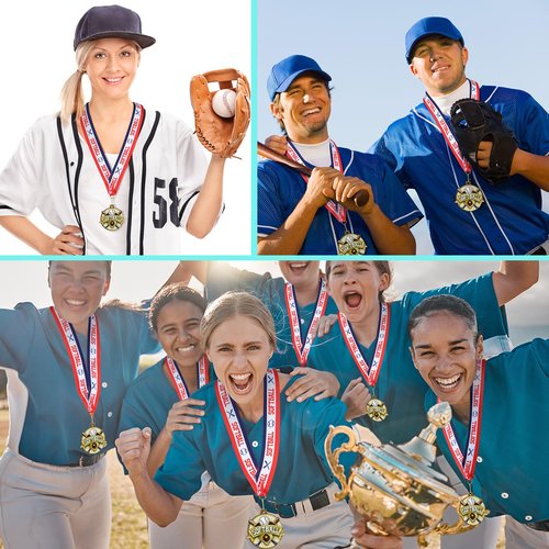 Ecation 12 Pcs Softball Medals 2 Inch T-Ball Team Medal Awards Softball Metal Medals Gold Baseball Sports Award Medals with Neck Ribbon for Kids(Softball)