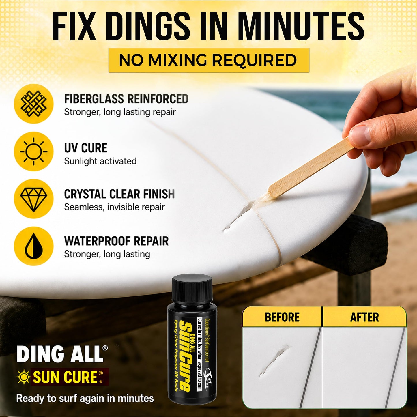 Ding All Sun Cure Surfboard Fiberglass Resin Repair Kit for Surfboard Wax