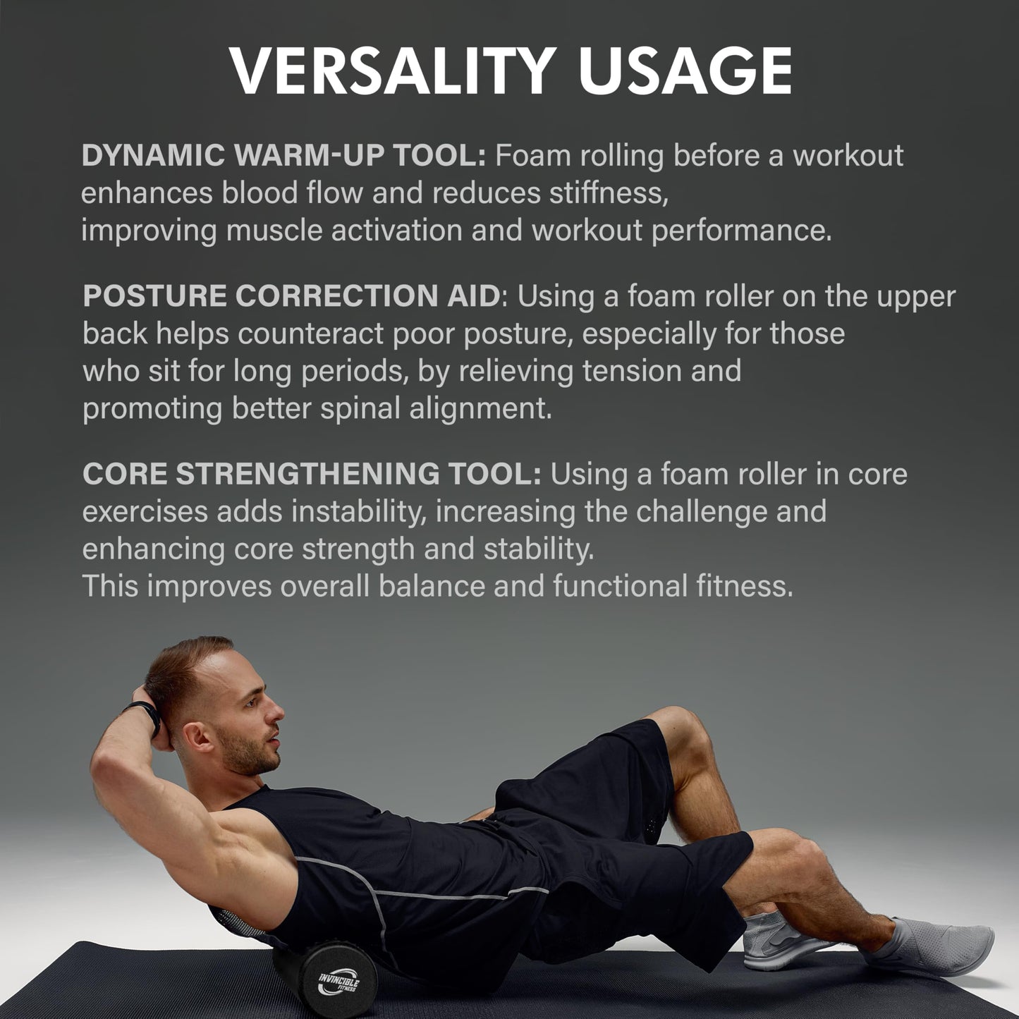 Invincible Fitness 17'' EPP Foam Roller for Deep Tissue Massage – Enhance Recovery, Relieve Pain, and Boost Mobility for a Stronger, Healthier You (Black)