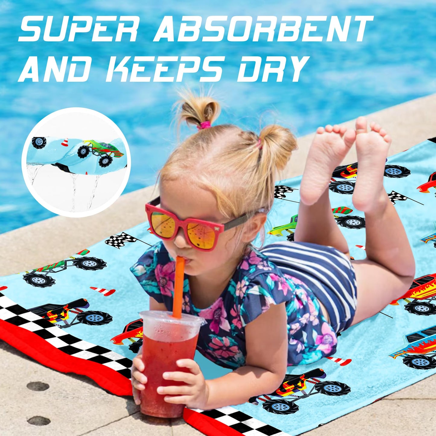 HSUIOFE Hooded Towels for Kids -Monster Toddler Beach Towel- Super Absorbent & Quick Dry 100% Cotton 30x50 Inch - to Kid Ages 3-10-Truck Cars Swim Towels