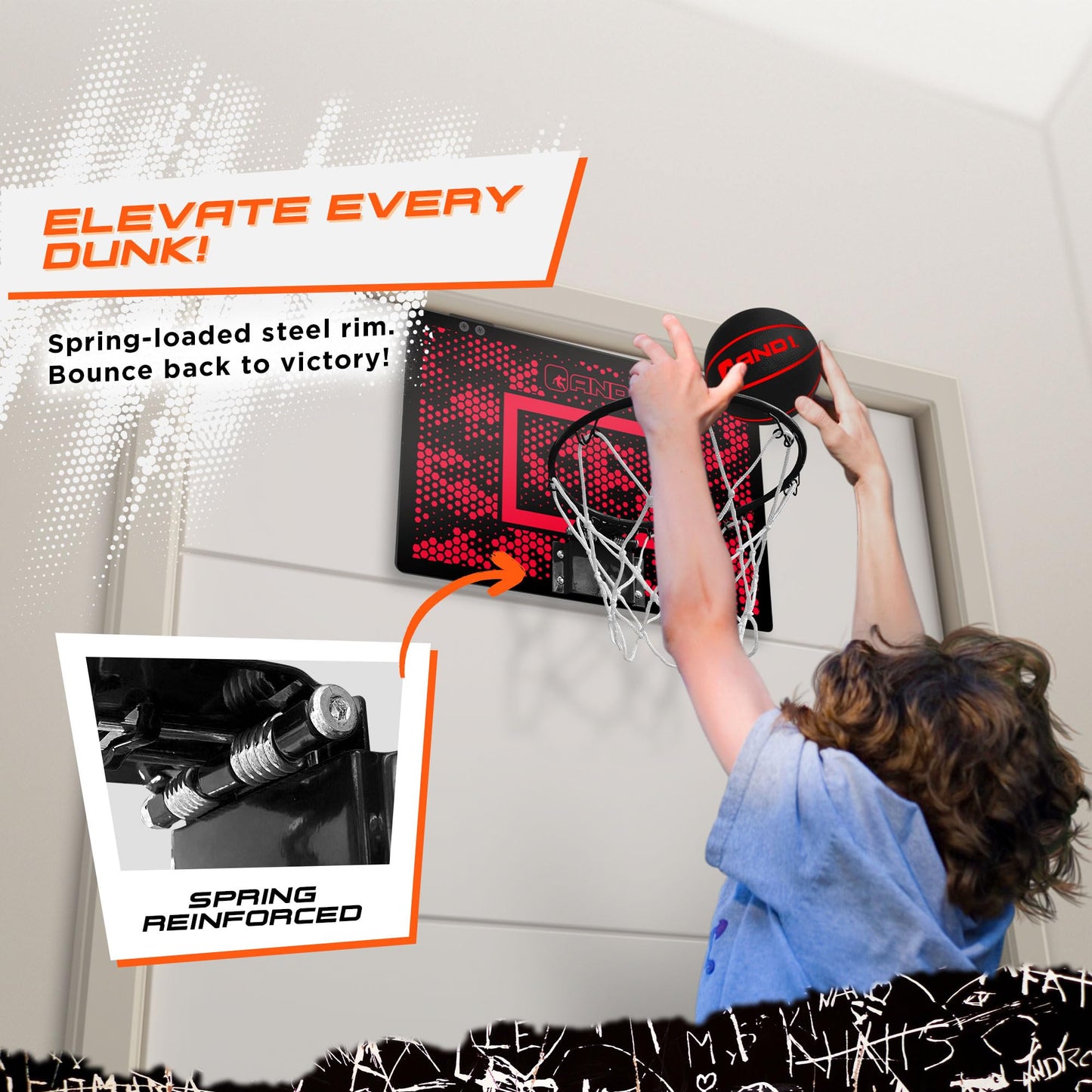 AND1 Mini Basketball Hoop: 18”x12” Pre-Assembled Portable Over The Door with Flex Rim, Includes Two Deflated 5” Mini Basketball with Pump, for Indoor, Red/Black