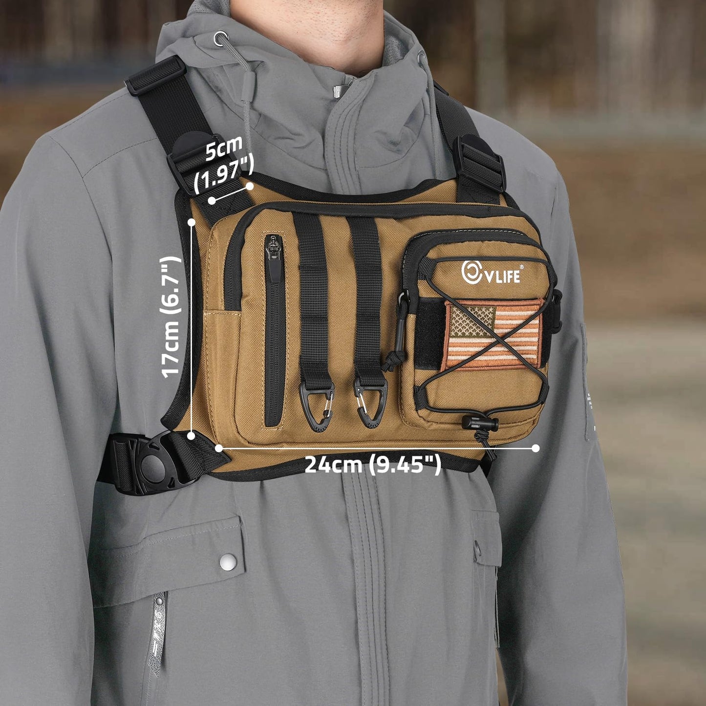 CVLIFE Outdoor Chest Bag for Men, Tactical Chest Pack with Phone Holder, Adjustable Running Vest Bag with Extra Storage, Lightweight Anti-theft EDC Rig for Hiking, Cycling, Sports, Workouts, Khaki