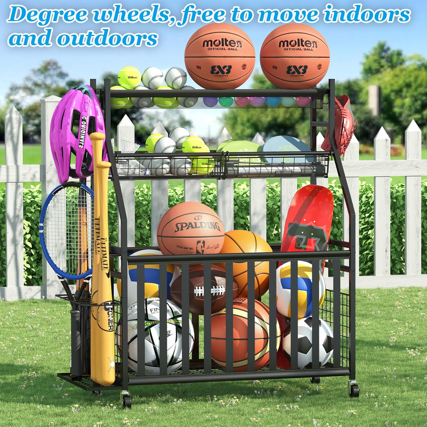 Jsskeeim Garage Sports Equipment Organizer,Sports Ball Organizer with Wheels,Mesh Pocket, Basket,Ball Organizer with Baseball Bat Rack and HooksToy Storage Rolling Cart-Black