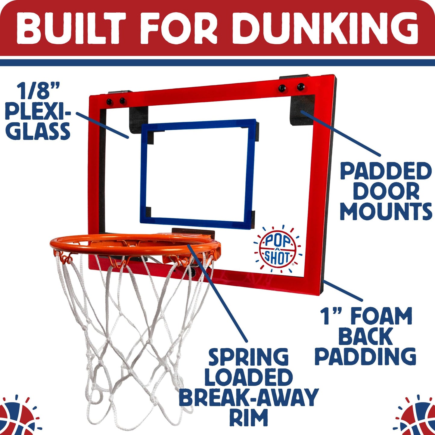 Pop-A-Shot Super Slam Over The Door Mini Basketball Hoop for Adults | 2 Included Basketballs and Pump | Built for Dunks | Breakaway Rim | Shatter Resistant Backboard | 17x12.5 Inches