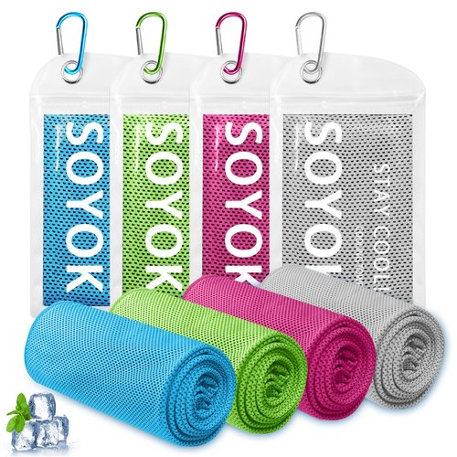 4 Packs Cooling Towel, 40" x 12" Microfiber Cooling Towels for Neck and Face, Soft Breathable Gym Towel for Working Out with Waterproof Bag & Carabiner, Sweat Towels for Running, Yoga, Travel, Climb